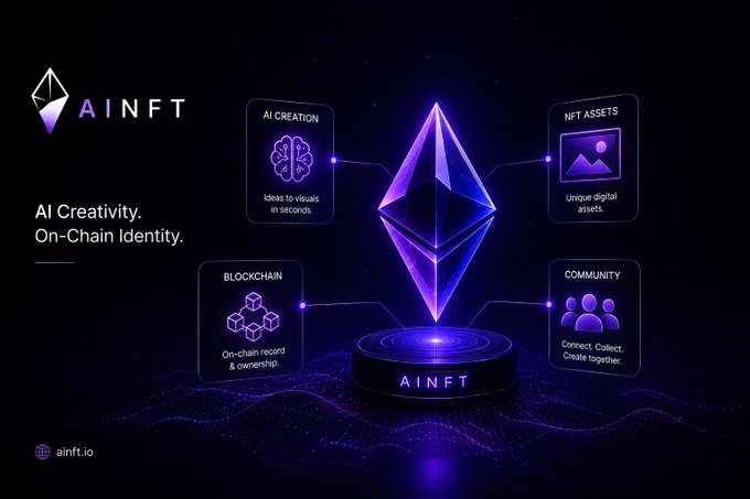 A promotional graphic for 'AINFT' (ainft.io) featuring a glowing purple Ethereum-style diamond logo surrounded by icons for 'AI Creation,' 'NFT Assets,' 'Blockchain,' and 'Community,' with the tagline 'AI Creativity. On-Chain Identity.'