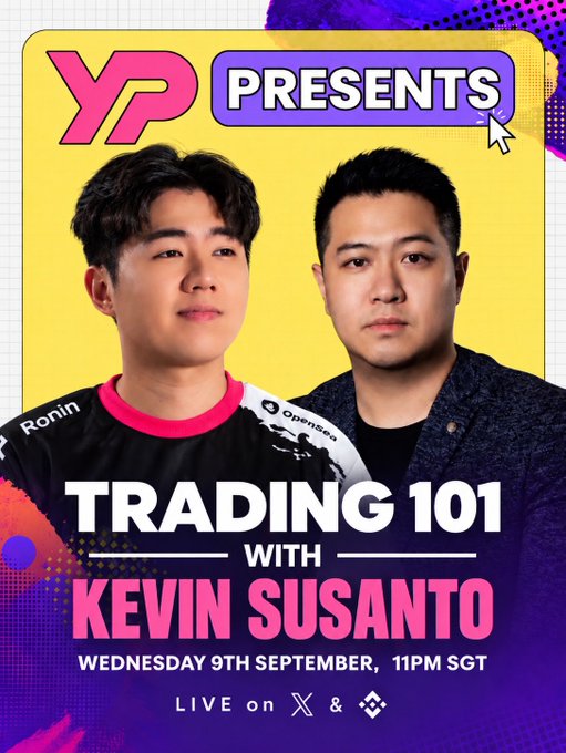 A promotional poster for 'TRADING 101 with KEVIN SUSANTO', airing Wednesday 9th September at 11PM SGT, live on X and Binance.