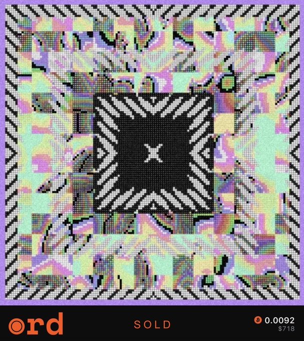 A digital artwork titled 'ord' showing a colorful, glitchy geometric pattern with a central black square; it is marked 'SOLD' with a price of 0.0092 ($718).