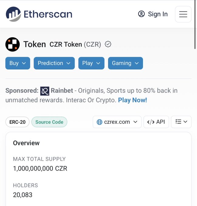 An Etherscan page displaying the CZR Token with a max total supply of 1,000,000,000 CZR and 20,083 holders, tagged as ERC-20.