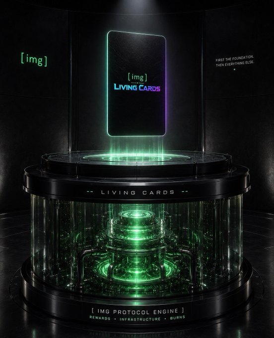 A digital promotional graphic featuring a neon-lit display pedestal with the text 'IMG LIVING CARDS', '[IMG PROTOCOL ENGINE]', and 'REWARDS • INFRASTRUCTURE • BURNS'.