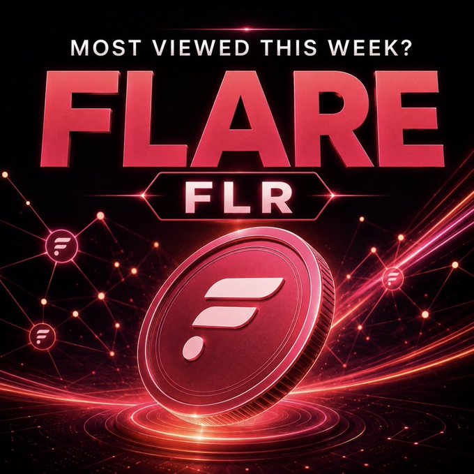 A promotional cryptocurrency graphic featuring 'MOST VIEWED THIS WEEK? FLARE FLR' text with a red coin bearing the Flare logo against a dark background with glowing red network nodes.
