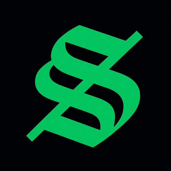 A green stylized dollar sign logo with a diagonal slash through it on a black background.