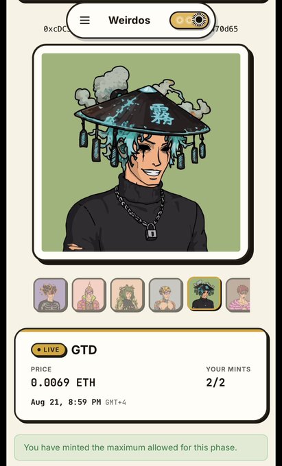 A mobile interface for "Weirdos" NFT shows the "GTD" mint priced at 0.0069 ETH with 2/2 mints used, featuring an anime-style character with teal hair wearing a smoking conical hat, directly corresponding to the user's tweet about minting the Weirdos Art NFT to support fellow Bored Ape member @0xmj_.
