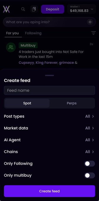 A dark-themed cryptocurrency trading app interface showing a "Create feed" modal with options for Feed name, Spot/Perps, Post types, Market data, AI Agent, and Chains, with a wallet balance of $49,166.83.