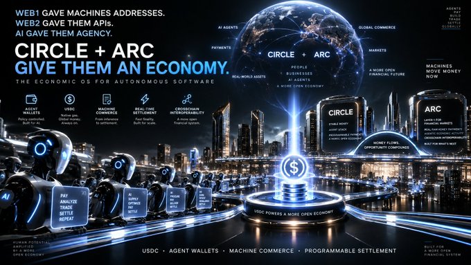 Promotional graphic for Circle and Arc announcing an economic OS for autonomous software, featuring text 'CIRCLE + ARC GIVE THEM AN ECONOMY' and noting 'USDC · AGENT WALLETS · MACHINE COMMERCE · PROGRAMMABLE SETTLEMENT'.