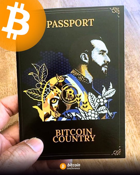 A hand holding a dark green passport labeled "PASSPORT" and "BITCOIN COUNTRY" featuring an illustration of a man in regal attire, with a Bitcoin logo overlay and "bitcoin conference" text at the bottom.