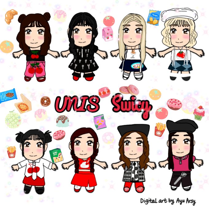 A colorful digital illustration by Ayu Arsy showing eight cartoon-style girls in various outfits arranged around the pink 'UNIS Swicy' text, surrounded by sweets and snacks.