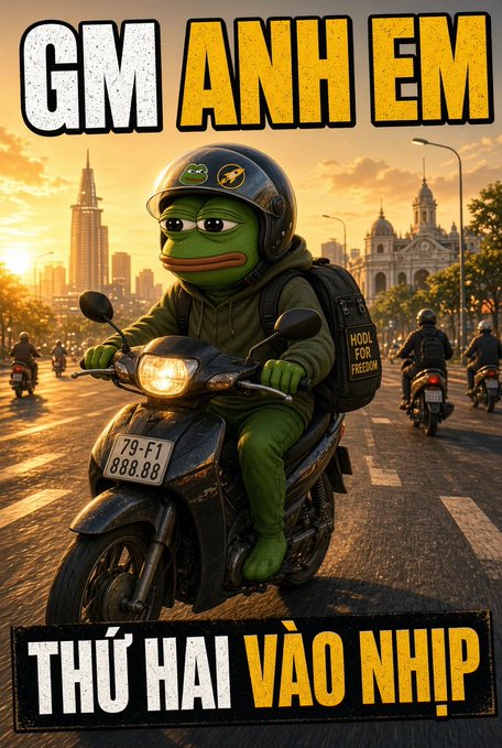 An illustrated meme showing a Pepe the Frog character wearing a helmet and riding a motorcycle through a city at sunset, with the text 'GM ANH EM' at the top and 'THỨ HAI VÀO NHỊP' at the bottom.