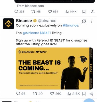 Tweet from Binance (@binance) announcing the upcoming $BEAST listing by MrBeast, featuring a yellow promotional graphic that reads 'THE BEAST IS COMING...'