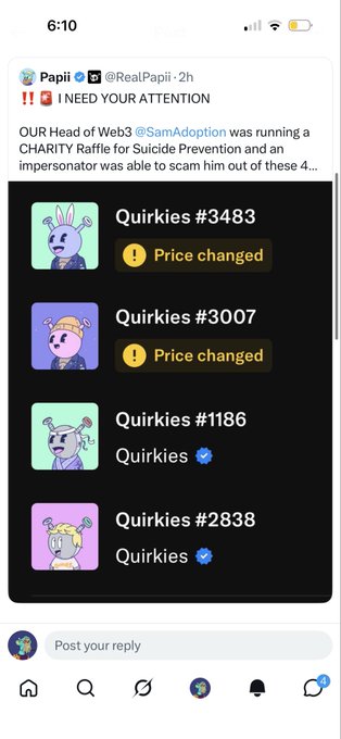A tweet from @RealPapii warns viewers about a scam impersonator targeting a charity raffle for Suicide Prevention run by @SamAdoption, showing listings for Quirkies #3483 and #3007 with 'Price changed' alerts.