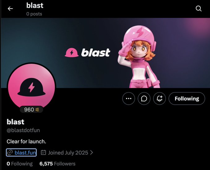 A social media profile page for "blast" (@blastdotfun) featuring a pink helmet mascot character and the tagline "Clear for launch," with 6,575 followers and 960 likes, matching the post's reference to @blastdotfun.
