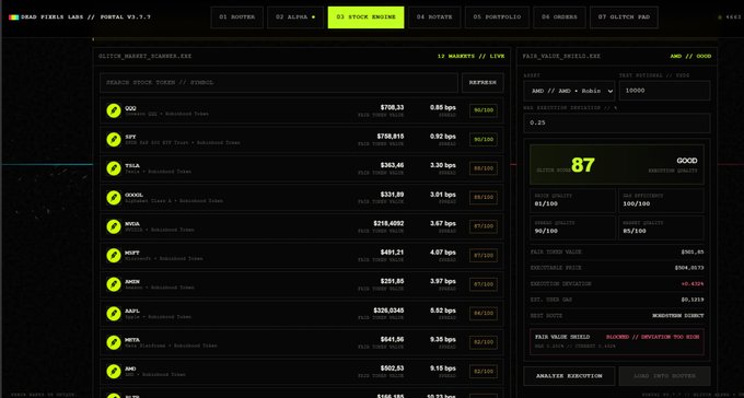 A dark-themed cryptocurrency portfolio dashboard displaying various coins including BTC, ETH, USDT, and others with their values and a Glitch Mode setting at 87.