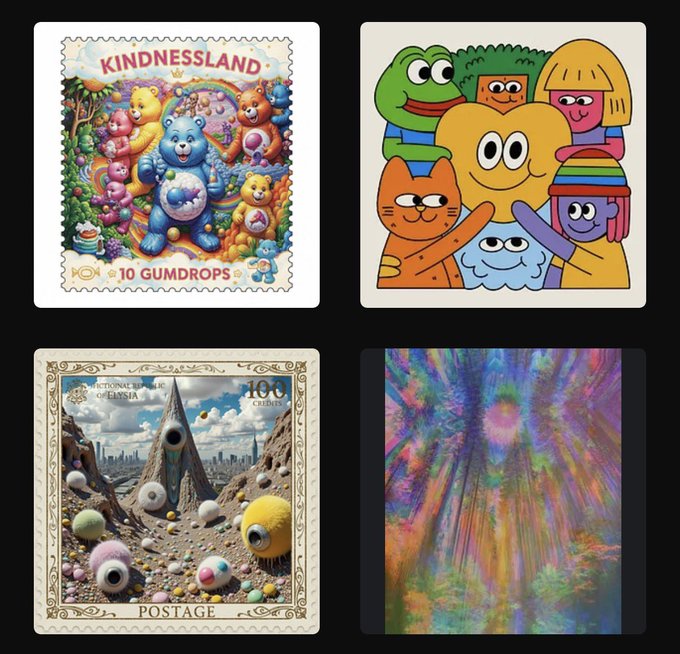 A collage of four images including Care Bears 'Kindnessland' postage stamps, colorful cartoon characters, a surreal postage stamp scene with eyeballs, and an abstract colorful pattern.