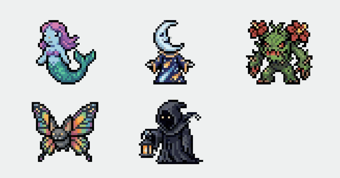 Five pixel art characters including a mermaid, a wizard with a moon headpiece, a green plant-like creature, a butterfly, and a hooded grim reaper holding a lantern.