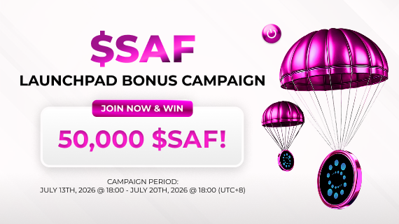 Promotional banner for the $SAF Launchpad Bonus Campaign offering 50,000 $SAF in rewards, featuring pink metallic parachutes with the Safrochain ($SAF) token logo, running from July 13th–20th, 2026. The graphic visually reinforces the post's call to action to "Join Now & Win" through its prominent prize amount and a "JOIN NOW & WIN" button.