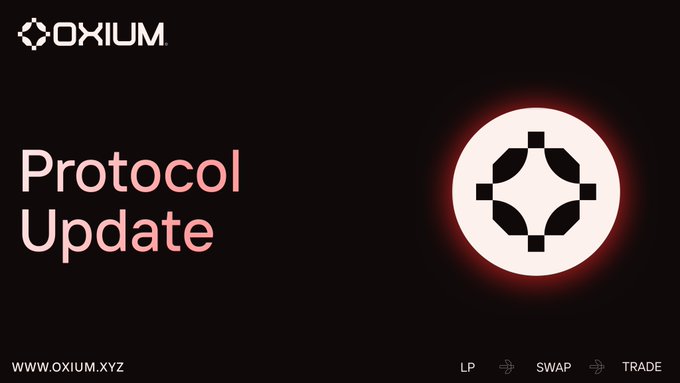 The image is a "Protocol Update" announcement graphic for Oxium, featuring the brand's logo and navigation labels (LP, SWAP, TRADE) along with the website "WWW.OXIUM.XYZ," visually accompanying the post's announcement of the platform being wound down due to unfavorable market conditions.