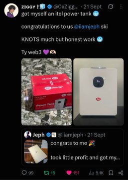 A screenshot of a social media post congratulating @iiiamjeph on receiving an Intel Power Tank, featuring an Energy Fi box and a white electronic device.
