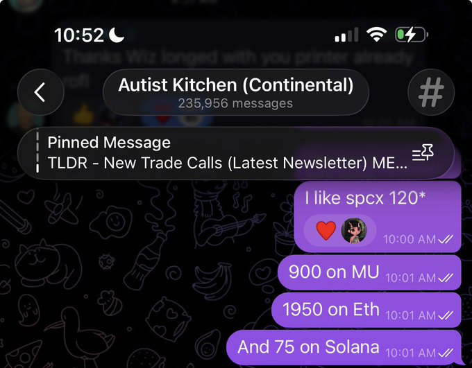 A screenshot of a Discord chat in the "Autist Kitchen (Continental)" server shows the user sharing their intraday scalping trades at 10:00-10:01 AM, posting entries for SPCX at 120*, MU at 900, ETH at 1950, and SOL at 75, alongside a pinned newsletter message and a chat background filled with food and anime doodles.