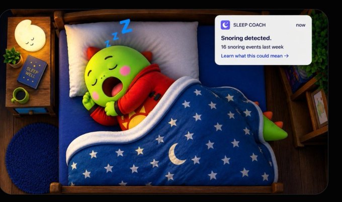 An overhead view of a green cartoon character sleeping in a bed with a star-patterned blue blanket, with Z's above its head, while a smartphone notification from "SLEEP COACH" alerts "Snoring detected. 16 snoring events last week."