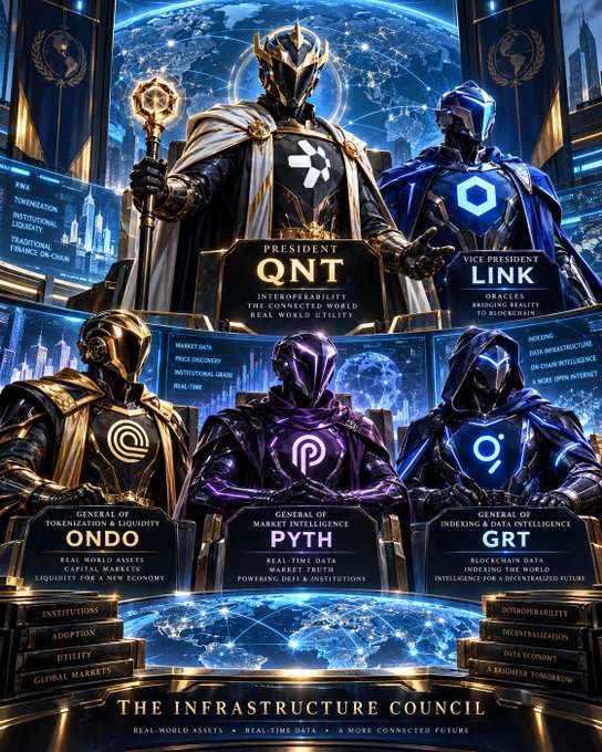 A digital illustration titled 'The Infrastructure Council' depicting five armored figures labeled as President QNT, Vice President LINK, and Generals ONDO, PYTH, and GRT, representing various blockchain interoperability and data projects.