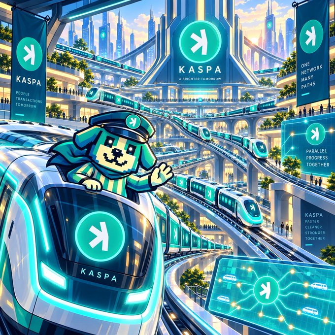 A vibrant digital illustration of a futuristic city with teal KASPA-branded trains and signs, featuring a dog mascot in a conductor's hat on the lead train, with text reading 'KASPA: A BRIGHTER TOMORROW', 'KASPA: PEOPLE TRANSACTIONS TOMORROW', 'ONE NETWORK MANY PATHS', 'PARALLEL PROGRESS TOGETHER', and 'KASPA: FASTER CLEANER STRONGER TOGETHER'.
