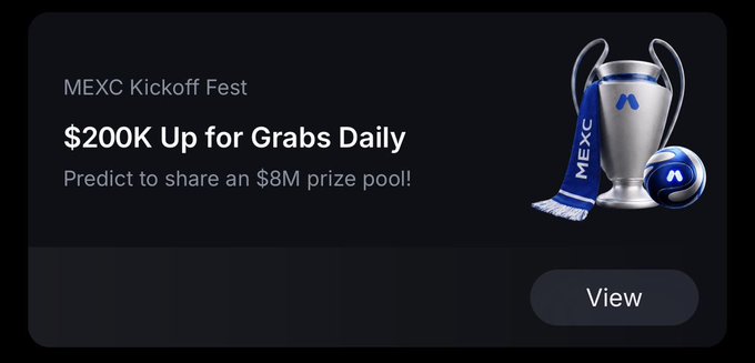 Promotional banner for the MEXC Kickoff Fest featuring a trophy and soccer ball graphic, highlighting "$200K Up for Grabs Daily" from an "$8M prize pool" with a "View" button, directly illustrating the post's point that the $8M total is distributed as $200K daily rather than as a single end-of-event payout.