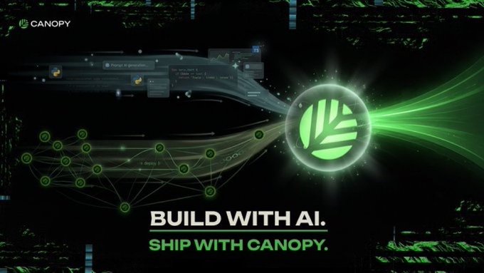 A tech advertisement showing the Canopy logo with text 'BUILD WITH AI. SHIP WITH CANOPY.' displayed against a green-themed digital interface with graphs and nodes.