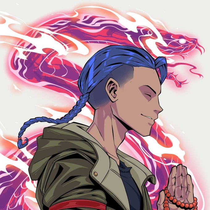 The image features a cartoon character with blue hair, wearing a green jacket and holding a red bracelet. The background of the image is a vibrant mix of pink and purple colors, with a snake-like creature or dragon-like figure present as well. The caption on the image reads "Focus on what is in the image and how it relates to the post @shaolinsaga".