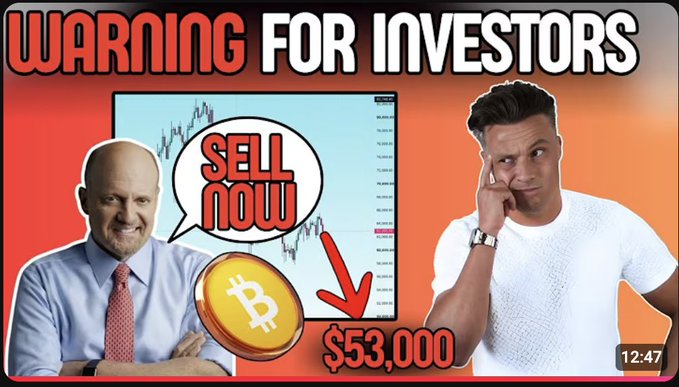 A YouTube thumbnail features Jim Cramer urging investors to "SELL NOW" with a Bitcoin price chart showing $53,000, alongside a skeptical-looking man, visually representing the post's critique of Cramer's poor stock and crypto predictions.