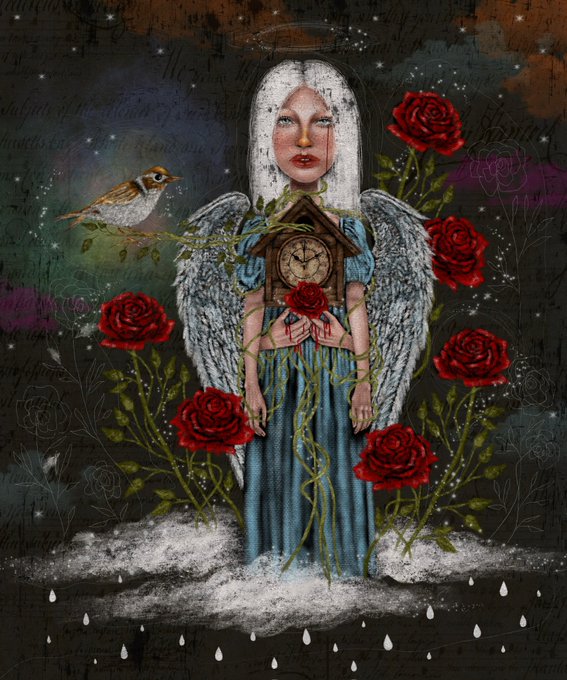 A whimsical mixed-media artwork depicting an angelic figure with white wings and a clock for a torso, holding a red rose, surrounded by blooming red roses and a small bird against a dark, starry background.