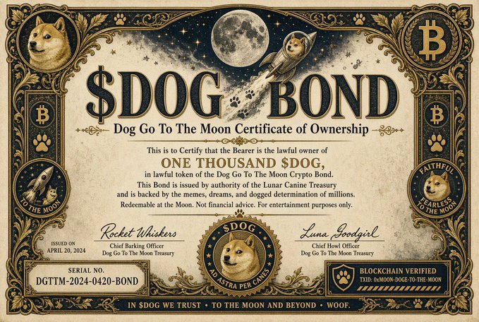 A decorative certificate titled '$DOG BOND - Dog Go To The Moon Certificate of Ownership' for ONE THOUSAND $DOG, featuring Doge imagery, a rocket ship, and Bitcoin symbols, issued by Rocket Whiskers and Luna Goodgirl on April 20, 2024.