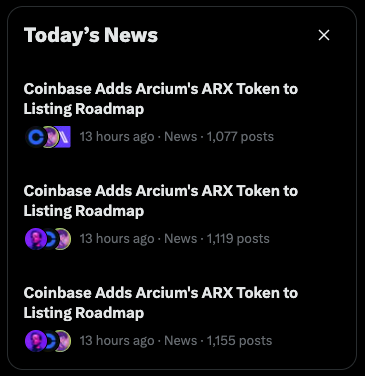 The main focus of the image is a computer screen that displays three separate posts related to cryptocurrency, specifically about an "Arcium" token. One of these posts is from Coinbase, which explains that they have added an ARX token to their listing roadmap. The other two posts present information about how to buy and sell the token on Coinbase's marketplace platform.