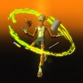 An animated figure with a sword creating green energy trails in a circular motion against an orange background.