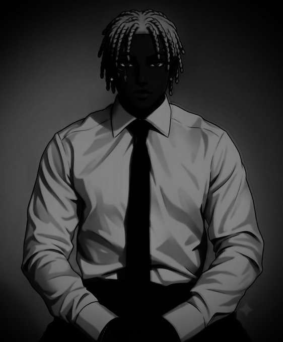 A dark anime-style illustration of a person with braided hair wearing a white dress shirt and black tie against a dark background.