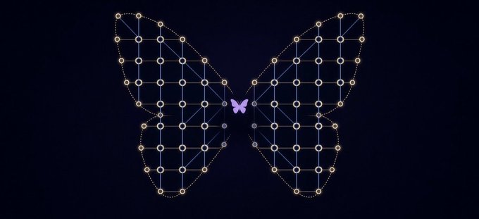 A geometric butterfly design made of connected golden dots and lines against a dark blue background, with a small purple butterfly in the center.