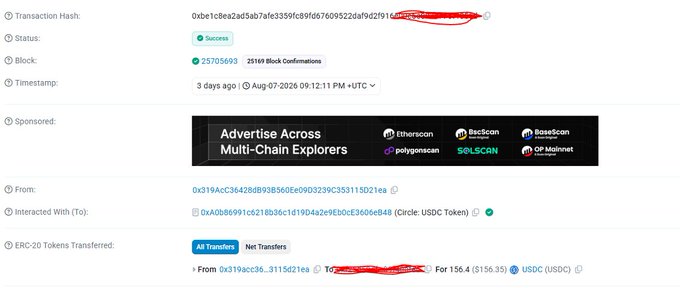 A blockchain transaction on Etherscan showing a successful USDC transfer of 156.4 ($156.35) from address 0x319Acc3642B8B938B66Ee0903239C353115D21ea to a partially redacted recipient address, confirming the receipt of rewards from the Ondo Perps Grand Prix competition directly into the user's wallet.