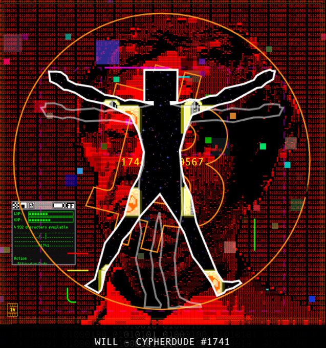 A digital artwork of the Vitruvian Man figure, titled 'WILL - CYPHERDUDE #1741,' is set against a background of red digital code and pixelated shapes.