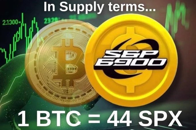 "3/4 BTC = 33 SPX" next to a Bitcoin value of 21k coins, which appears to be worth 44SPX based on the current exchange rates. The text in the middle of the image suggests that the coin value is meant to represent $44 worth of currency.