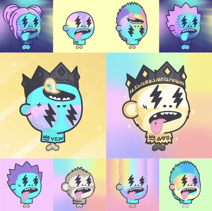 A colorful collage of cartoon-style characters with 'X' eyes and tongue-out expressions, featuring various designs including crowns and pastel rainbow colors.