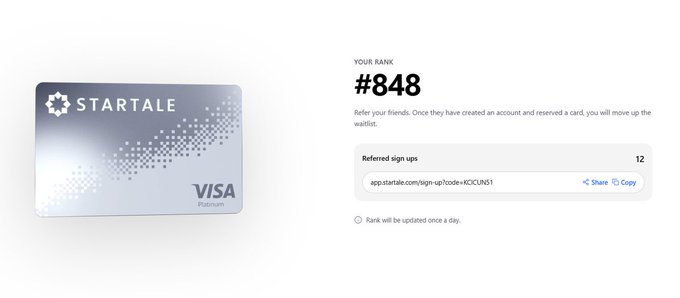 A Startale Visa Platinum referral page showing user rank #848 with 12 referred sign-ups and a shareable signup link.