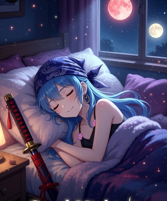A serene anime girl with blue hair and a bandana sleeps peacefully under cozy blankets, with a katana resting nearby and two moons glowing through the window. The peaceful nighttime scene perfectly complements the "Good night" message, evoking a restful slumber matching the @sleepagotchi theme.