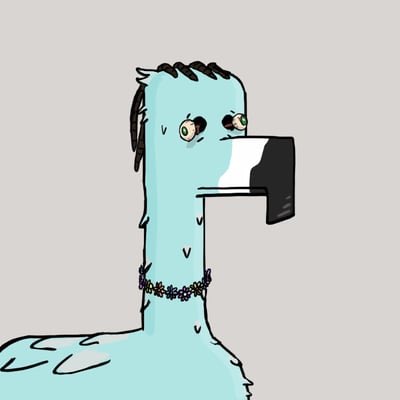 A cartoon drawing of a blue, disheveled creature with one detached eyeball holding a phone to its ear, wearing a flower necklace against a gray background.