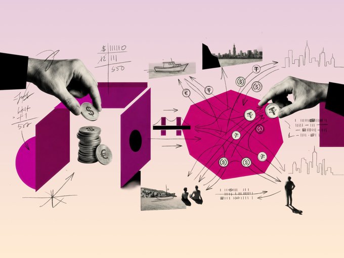 A stylized illustration shows two hands—one placing a dollar coin into a pink box and the other sorting yen-marked coins on a tangled network—alongside sketches of ships, city skylines, tally marks (such as "$11110," "12/650"), and small figures, visually representing the tangled flow of currencies. The imagery reflects the post's message that while stablecoins streamline cross-border treasury by easing prefunded balances and slow settlements, they introduce new complexities in managing liquidity, custody, and currency conversion.