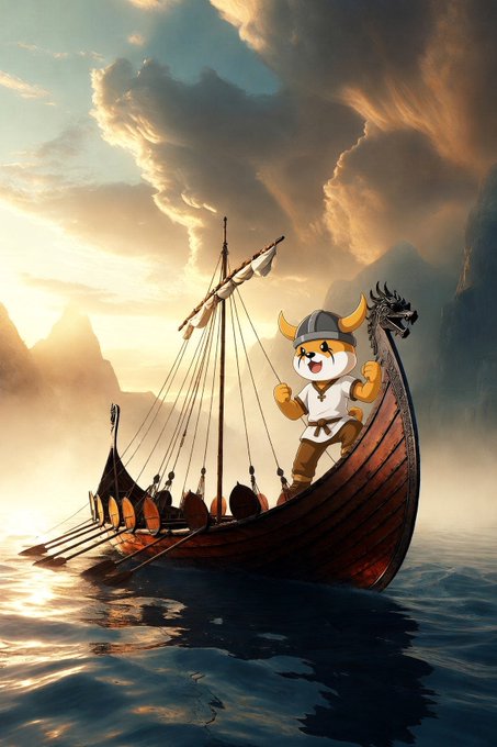 An AI-generated illustration of an orange cat wearing a Viking helmet with horns, standing triumphantly on the bow of a wooden longship sailing through dramatic golden-lit ocean waters.