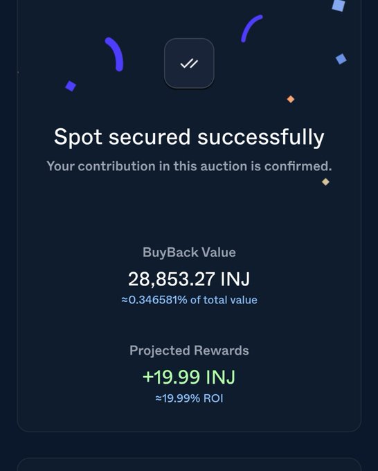 A dark interface confirms “Spot secured successfully” and says the auction contribution is confirmed, showing “BuyBack Value 28,853.27 INJ,” “≈0.346581% of total value,” and “Projected Rewards +19.99 INJ.”
