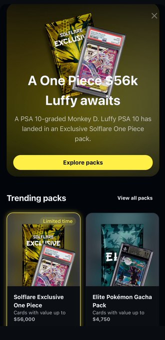 A mobile app interface promotes 'A One Piece $56k Luffy awaits' as a Solflare Exclusive, featuring a PSA 10-graded Monkey D. Luffy card alongside trending packs like 'Elite Pokémon Gacha Pack.'