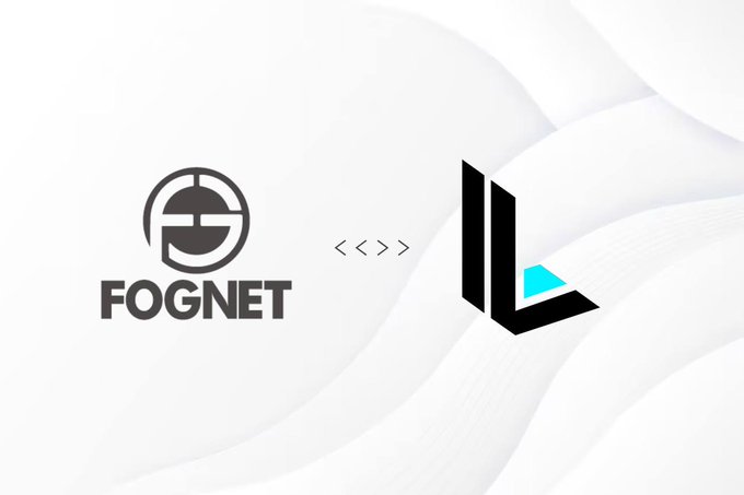 The image features the FOGNET logo on the left and the Linka Labs (LL) logo on the right, separated by code-style brackets, visually representing their newly announced partnership. The accompanying text announces that FOGNET is partnering with Linka Labs, a decentralized memory and context infrastructure designed to provide AI agents with persistent, verifiable on-chain memory.