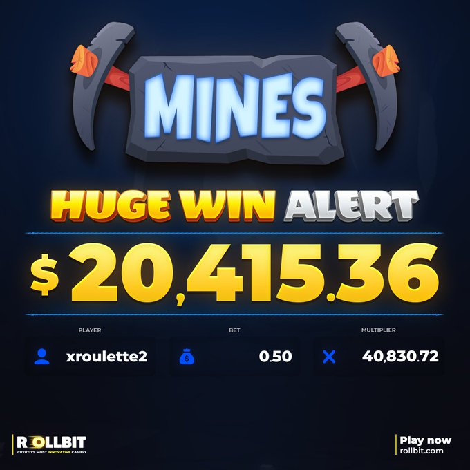 A promotional graphic from Rollbit announces a massive Mines win of $20,415.36 by player "xroulette2," who placed a $0.50 bet and achieved an extraordinary 40,830.72x multiplier—illustrating the enormous 40,830x grid payout referenced in the caption.