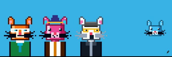 Pixel art illustration featuring four cat characters with business attire and whiskers against a blue background.